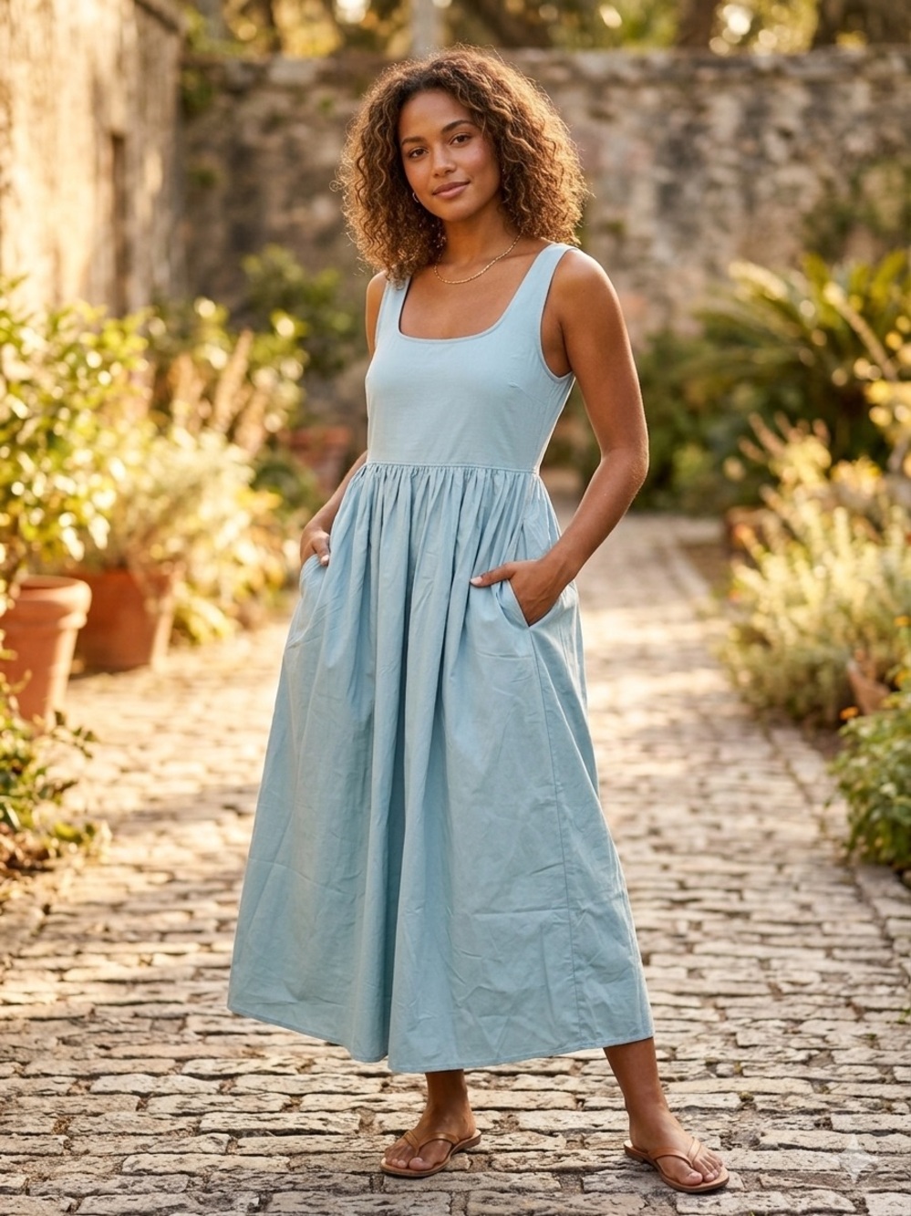 Hem & Thread Sky Blue Scoop Neck Sleeveless Maxi Dress